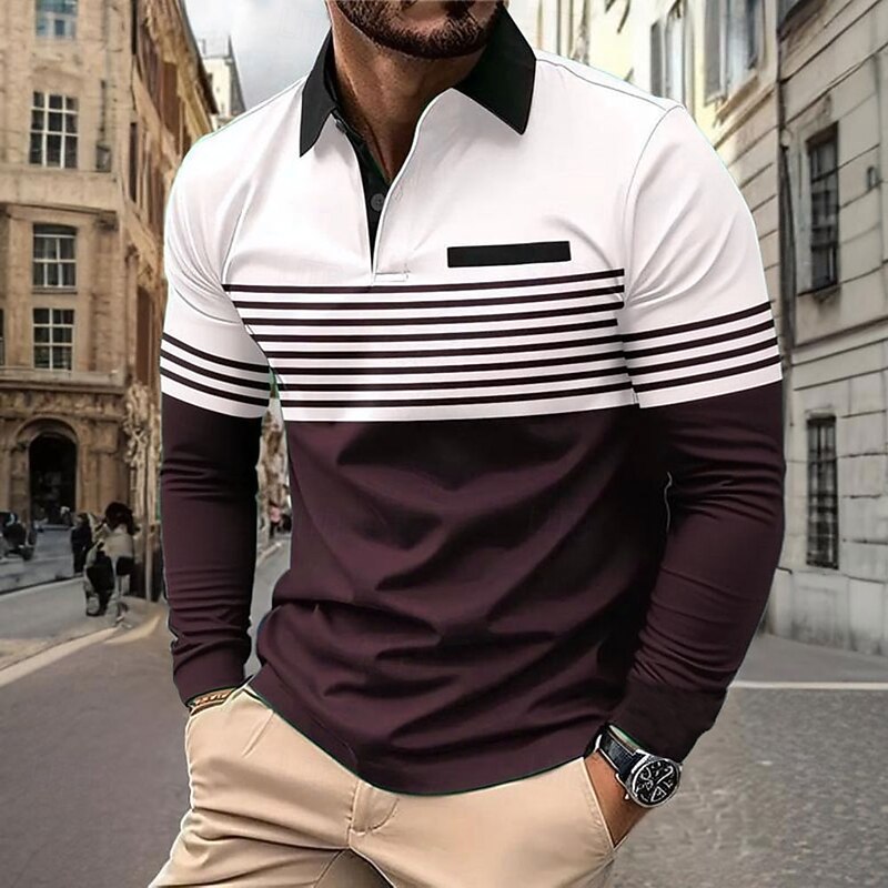 Men's Horizontal Stripes Polo Long Sleeve Polo Shirts Collared Shirts Business Casual Business Athleisure Daily Wear Pocket 3D Print Buttons Spring Fall Winter Dark Brown Black Navy Blue4