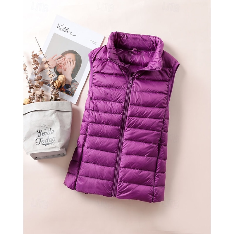 Women's Vest Warm Comfortable Zipper Pocket Casual Plain Holiday Going out Casual Daily Weekend Zipper Regular Stand Collar Regular Fit Sleeveless Outerwear White Red Purple Fall Winter4