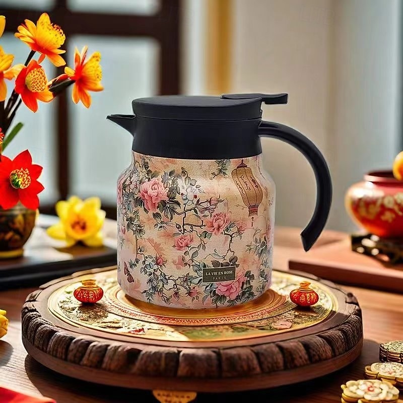 Vintage Floral Pattern Tea Thermos 316 Stainless Steel Insulated Teapot Large Capacity Hot Water Pot With Tea Separation Design Household Simple Style Thermal Kettle
