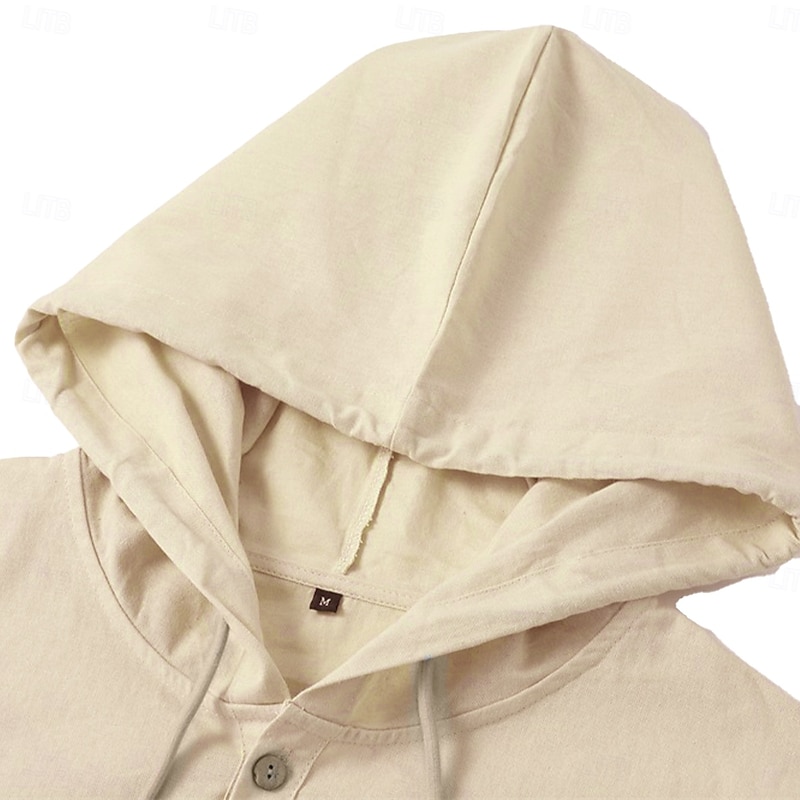 Men's Shirt Linen Shirt Beach Wear Button Up Shirt Hooded Shirt Plain Vacation Casual Black White Blue Green Long Sleeve Hooded Summer Spring & Summer Clothing Apparel Buttons2