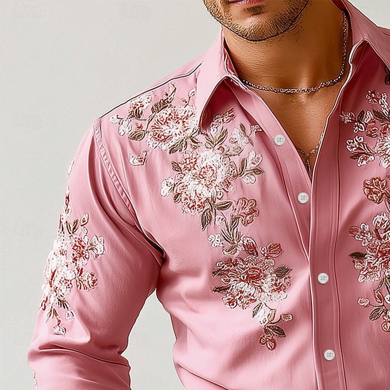 Men's Floral Print Flowers Shirt Western Shirt Cowboy Shirt Long Sleeve Vintage Retro Outdoor Vacation Spring Fall Turndown 3D Print Linen Like Shirt Pink Blue Purple Green Khaki2