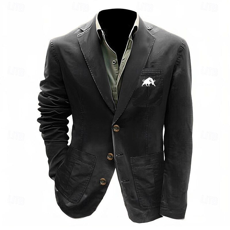 Men's Print Bull Blazer Cotton Suit Jacket Suits Coat Casual Outdoor Dailywear Multiple Pockets Three Button Stripe Lined Suit Jacket Fall Winter Notch lapel collar Long Sleeve Black khaki Army Green3