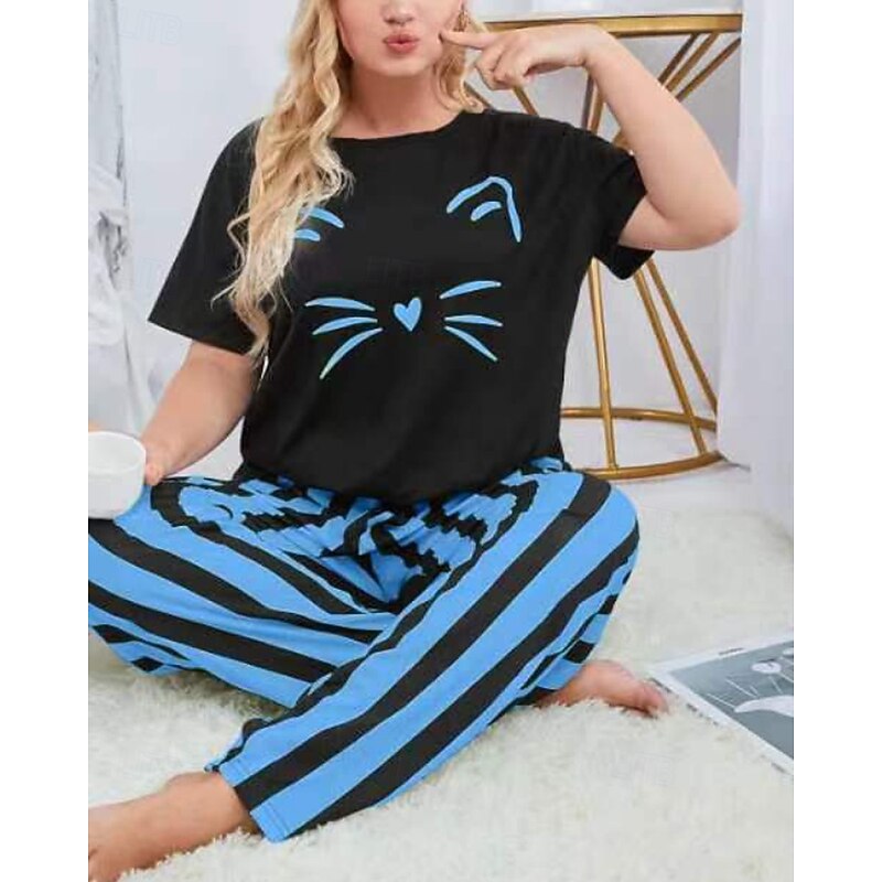 Women's Active Blouse Pants Sets Short Sleeve Crew Neck Cat Striped Print Vacation Casual Daily Black Yellow Pink Fall Regular Fit