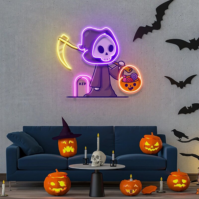 1 Pc 35 * 35CM Halloween Pumpkin Ghost Death Mummy Luminous Neon Light Usb Dimmable Indoor Restaurant Party Atmosphere Decorative Light3
