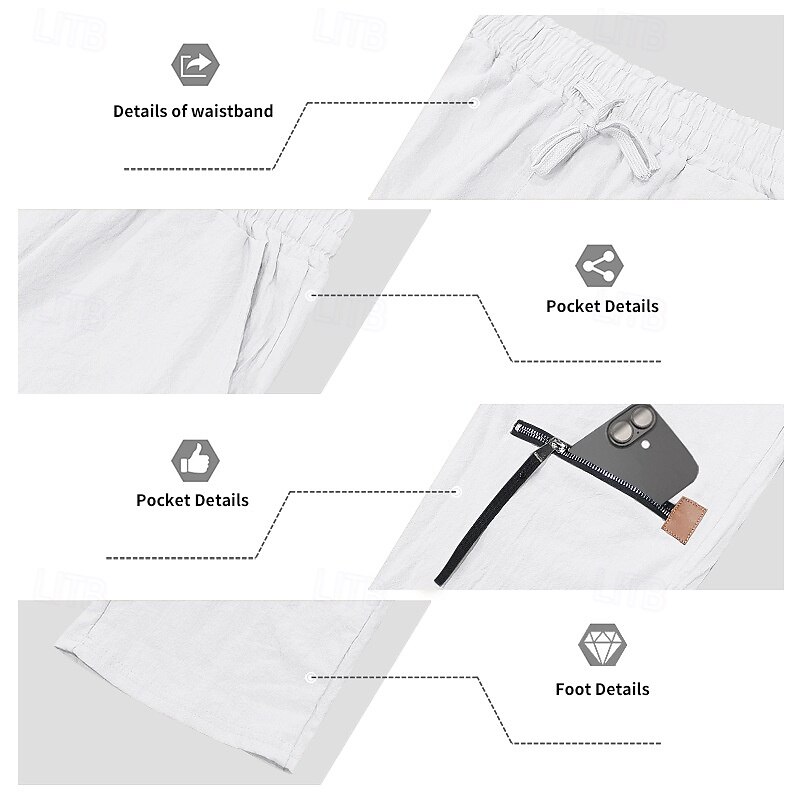 Men's Linen Pants Trousers Summer Pants Baggy Pants Drawstring Elastic Waist Zipper Pocket Plain Comfort Breathable Full Length Casual Daily Holiday Vacation Fashion Black White Inelastic2