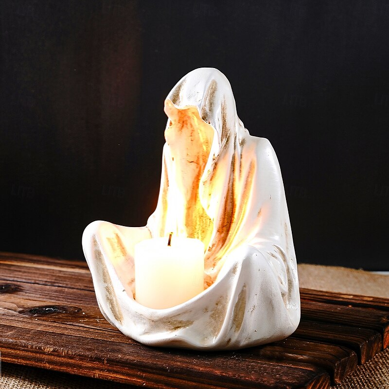 Halloween Grim Reaper Candle Holder, Gothic Black Robe Sitting Reaper Statue, Resin Dark Knight Skull Candleholder for Spooky Home, Haunted House, Horror Party & Holiday Decorations4