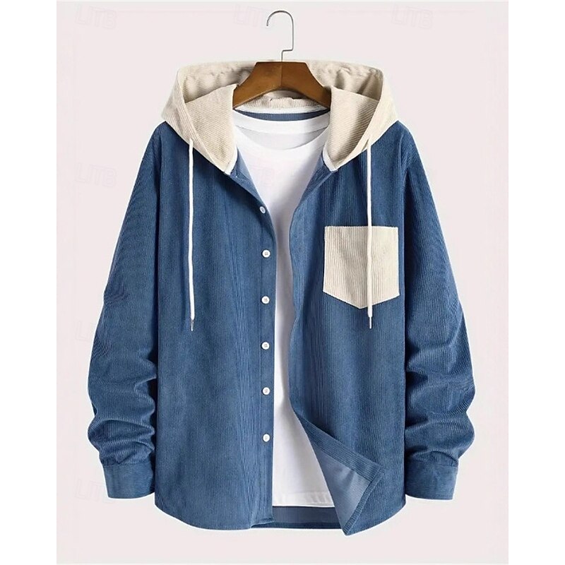Men's Lightweight Jacket Corduroy Jacket Casual Jacket Vacation Daily Breathable Pocket Fall Winter Color Block Fashion Classic Hooded Regular Black Blue Army Green Jacket