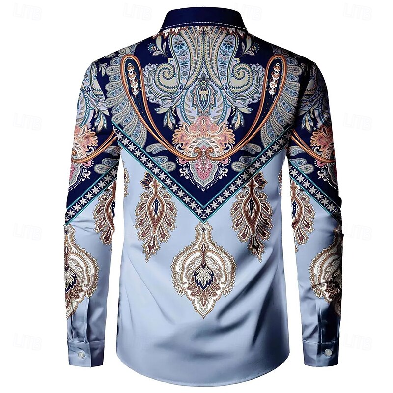 Men's Paisley Ethnic Flowers Shirt Button Up Shirt Casual Dress Shirt Long Sleeve Vintage Retro Vacation Daily Streetwear Summer Spring Turndown 3D Print Collared Shirts Blue2