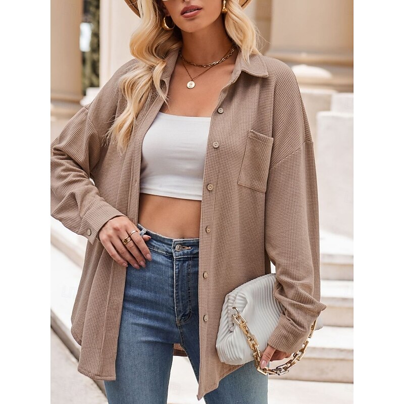 Women's Shirt Solid Color Stylish Casual Long Sleeve Shirt Collar Regular Tops Daily Pocket Buttons Black Khaki Beige Spring Fall Winter3