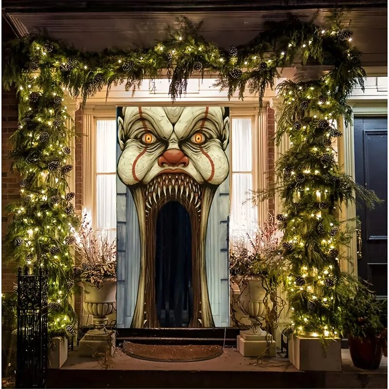 Halloween Door Cover Outdoor Banners Clown Psychedelic Dark Punk Gothic Style Party Outdoor Shooting Backgrounds Front Door Wall Porch Home Decor2