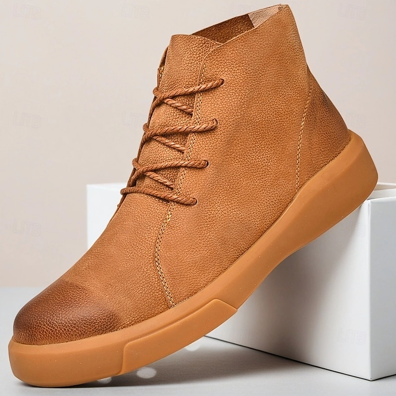Men's Tan Faux Leather Casual Ankle Boots Lightweight Lace-Up Shoes for Streetwear and Weekend Outfits