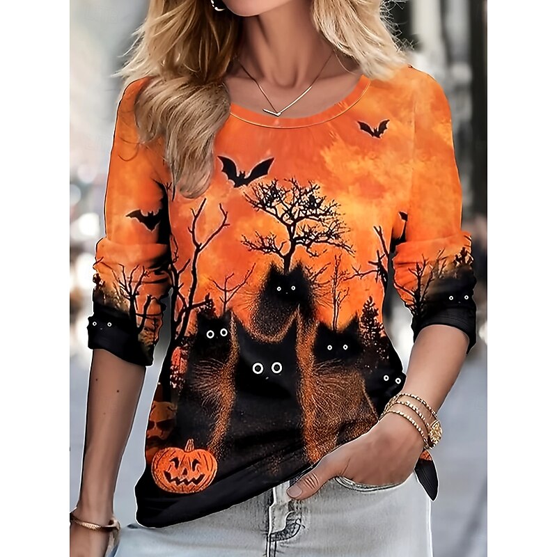 Halloween Women's T shirt Black Cat Graphic Cat Pumpkin Vintage Stylish Classic Long Sleeve Crew Neck Round Neck Regular Tops Daily Print Orange Fall Winter