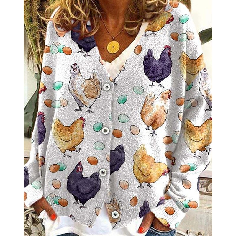 Women's Coat Casual Jacket Warm Comfortable Print Fashion Modern Casual Animal Going out Weekend Single Breasted Regular V Neck Regular Fit Long Sleeve Outerwear White Green Light Grey Fall Winter3