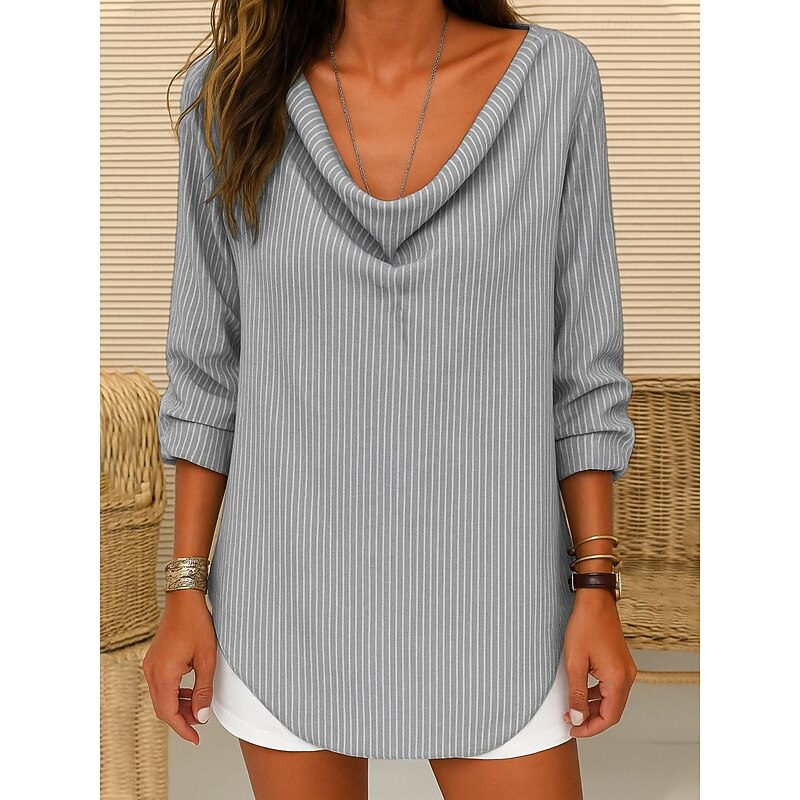 Women's T Shirt Striped Casual Long Sleeve Pile Neck Regular Tops Daily Black Blue Green Gray Spring Fall3