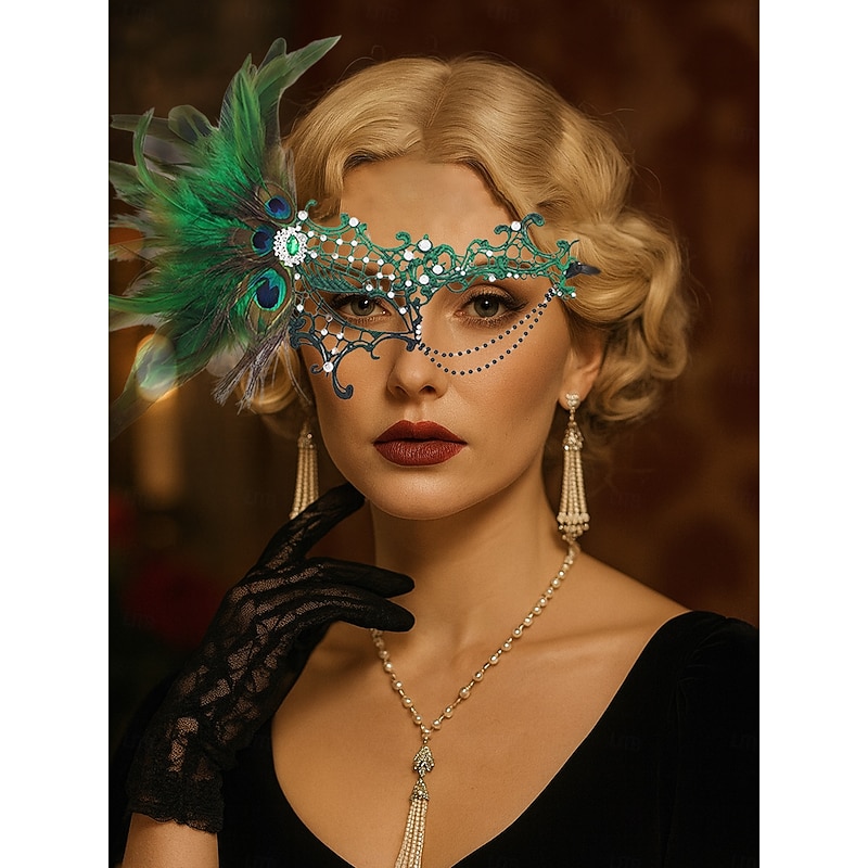 Women's Green Feather Lace Masquerade Mask with Peacock Details and Rhinestone Accents, Vintage Gothic Costume Accessory for Halloween Party3