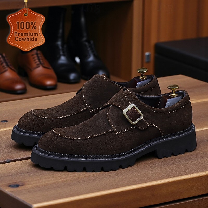 Men's Brown Suede Leather Monk Strap Shoes - Genuine First Layer Cowhide Classic Business Dress Footwear for Office and Formal Occasions