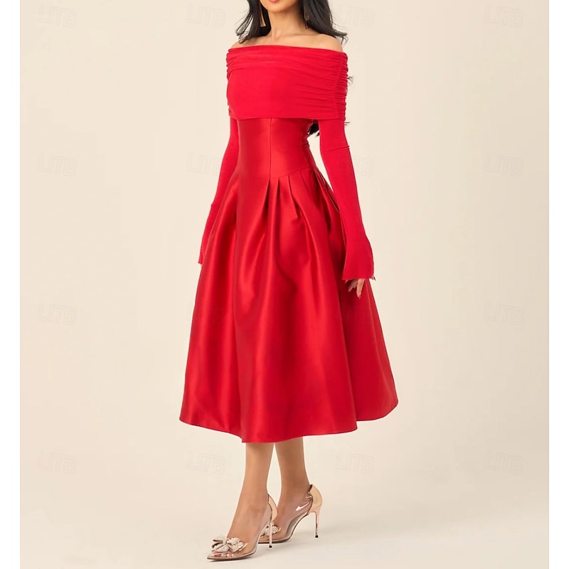 A-Line Cocktail Dresses Elegant Dress Formal Wedding Tea Length Midi Length Long Sleeve Off Shoulder Jersey with Satin Pleats 20252