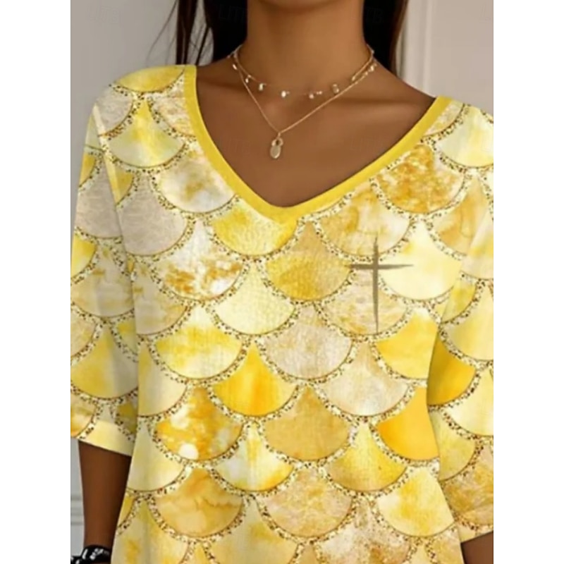 Women's Blouse Graphic Daily Casual 3/4 Length Sleeve V Neck Regular Tops Daily Holiday Print Gold Summer Spring Fall3