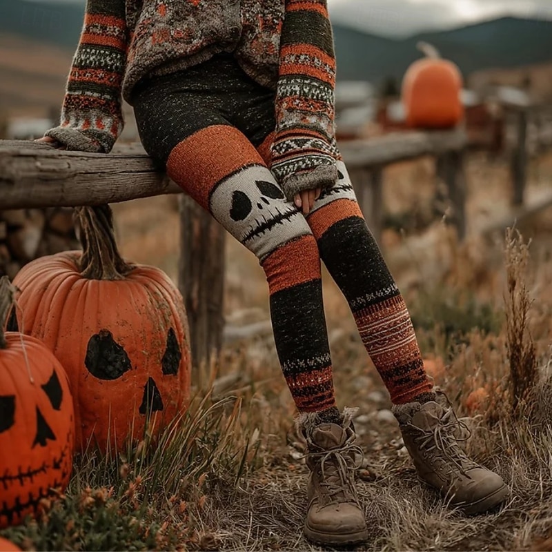 Women's Leggings Vacation Vintage Fashion Ankle-Length High WaistPantsHalloween Graphic Skull Pumpkin Printing Soft Breathable Stretchy Formal Outdoor Vacation Light Brown Lace Orange Green Khaki2
