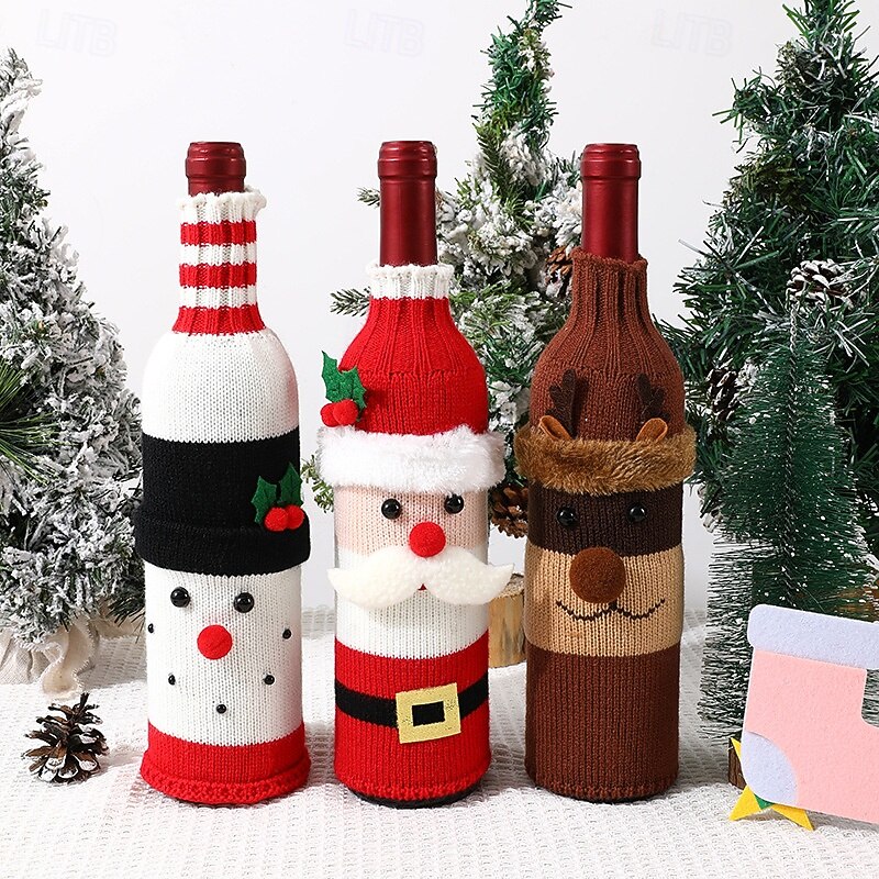 Christmas Wine Bottle Cover Holiday Champagne and Wine Sleeve with Santa, Reindeer, and Snowman Design, Festive Table Decoration for Restaurants, Hotels, Dining, Parties, and Seasonal Home Decor