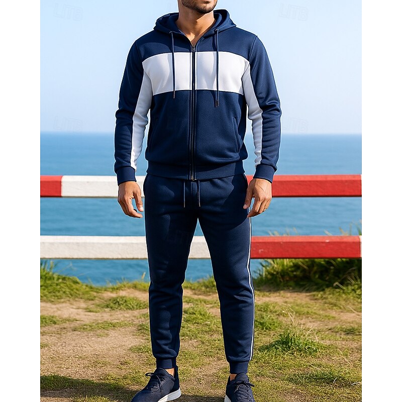 Men's Tracksuit Jogging Suit Sweatsuit Sets Hooded Color Block Clothing Suit Fall Black Dark Blue Outdoor Travel Sports High Waist Windbreaker Long Sleeve Sport Activewear Micro-elastic Regular Fit4