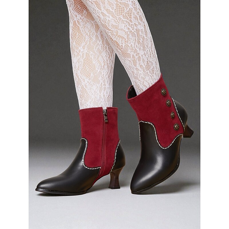Women's 1900s-1910s  Victorian - Inspired Contrast - Color Ankle Boots – Suede & Leather Patchwork Mid - Heel Boots with Button Details for Vintage - Themed Gatherings & Cosplay2