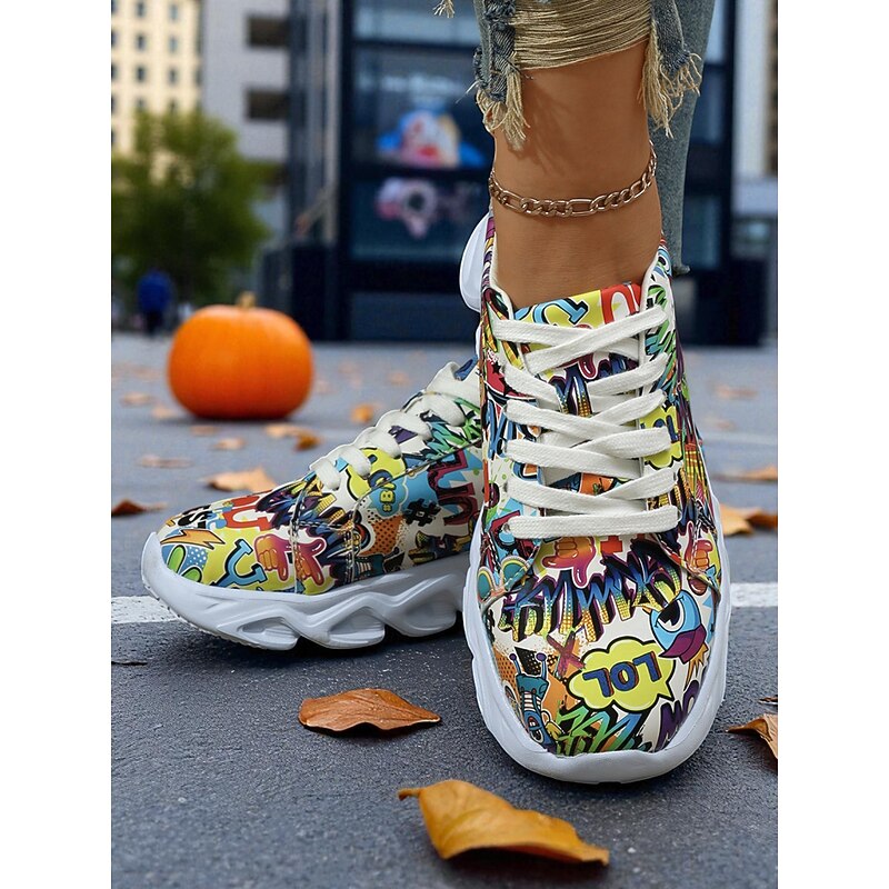 Women's Black and White Graffiti Halloween Sneakers - Chunky Sole Athletic Walking Shoes for Urban Streetwear, Fall Outfits and Costume Parties4