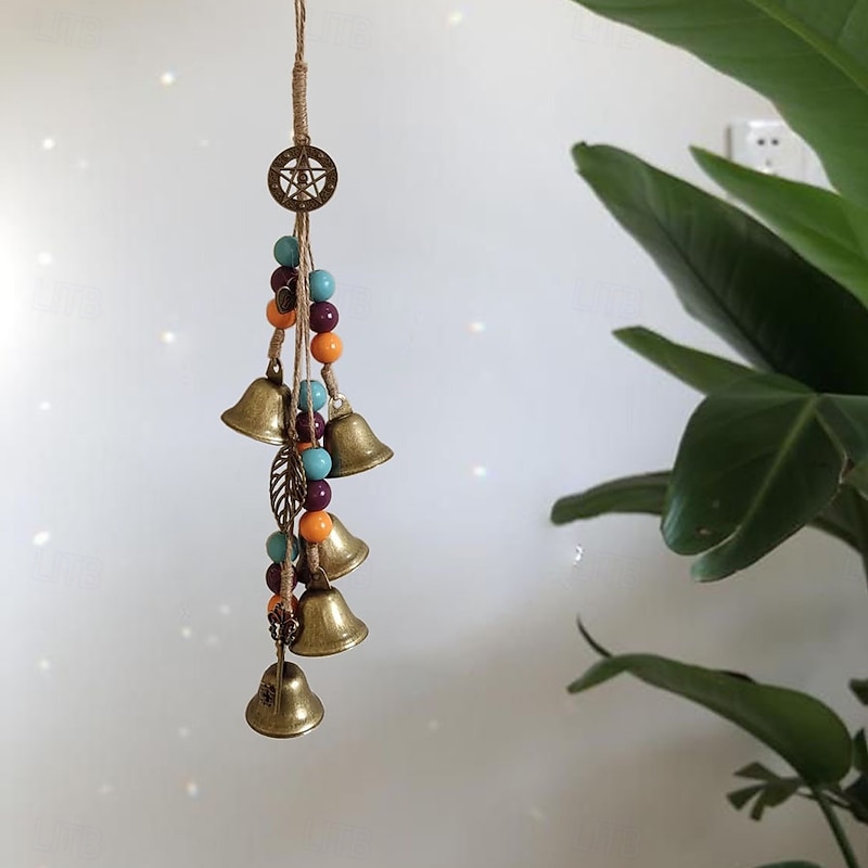 Vintage Halloween Witch Bell Wind Chime Hanging Bronze Metal with Ceramic & Wood Beads Door Handle Protector Perfect for Outdoor, Porch, Yard Decor3