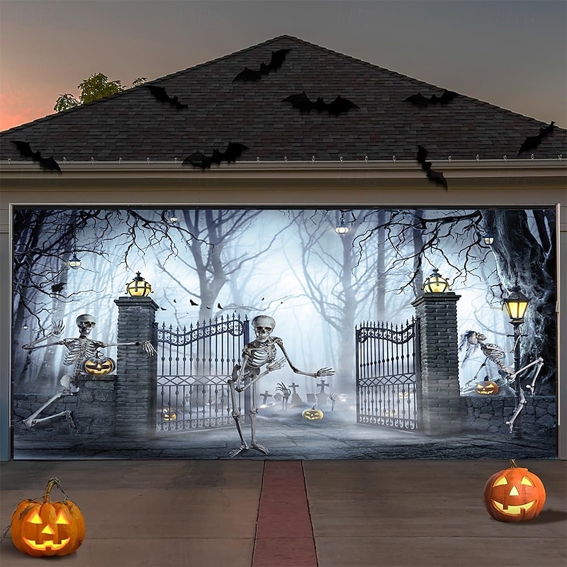 Halloween Garage Door Banner Decoration, Spooky Skeleton Dance with Pumpkins, Bats and Full Moon,  Large Outdoor Yard Banner for 2025 Halloween Party, Photo backdrop and Holiday Deco
