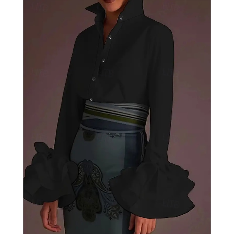 Women's Shirt Blouse Plain Stylish Modern Long Sleeve Shirt Collar Regular Tops Holiday Going out Ruffle Black White Red Green Rose Pink Fall3