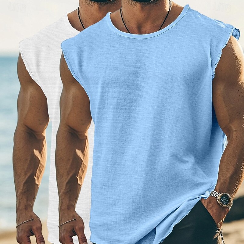 Men's T Shirt Sleeveless Short Sleeve Cap Sleeve Crew Neck Round Neck Summer Plain Textured Fashion Classic Casual 2 Piece Plain Street Casual Sports Green & White White+White White+Blue Top Tee for2