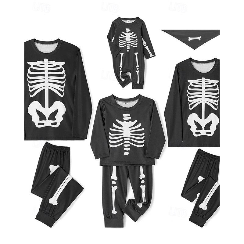 Family Pajamas Skull Halloween pattern Home Print Black Long Sleeve Active Matching Outfits4