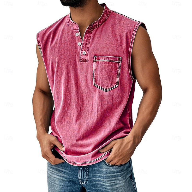 Men's Vest Top Undershirt Sleeveless Shirt Sleeveless Henley Summer Fall Plain Fashion Designer Classic Vacation Street Going out Black Pink Blue Top Tee for Men3
