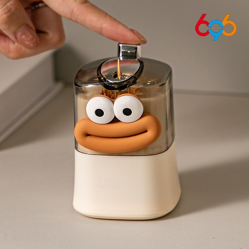 Automatic Pop-Up Toothpick Dispenser, Creative Push-Button Design with Cute Cartoon Stickers, Ideal for Home Kitchen and Dining Table Use