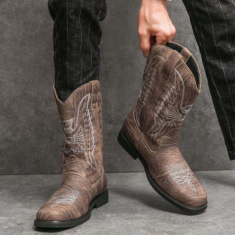 Men's Western Cowboy Boots Square Toe Slip-On Mid-Calf Casual Country Style Footwear for Daily Wea4
