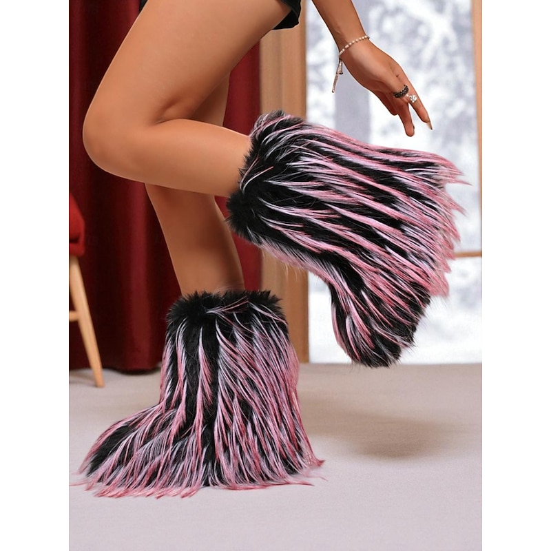 Women's Fashion Furry Platform Boots - Pink and Black Fluffy Statement Footwear for Street Style, Winter Outfits, Rave Looks and Trendy Festival Wear