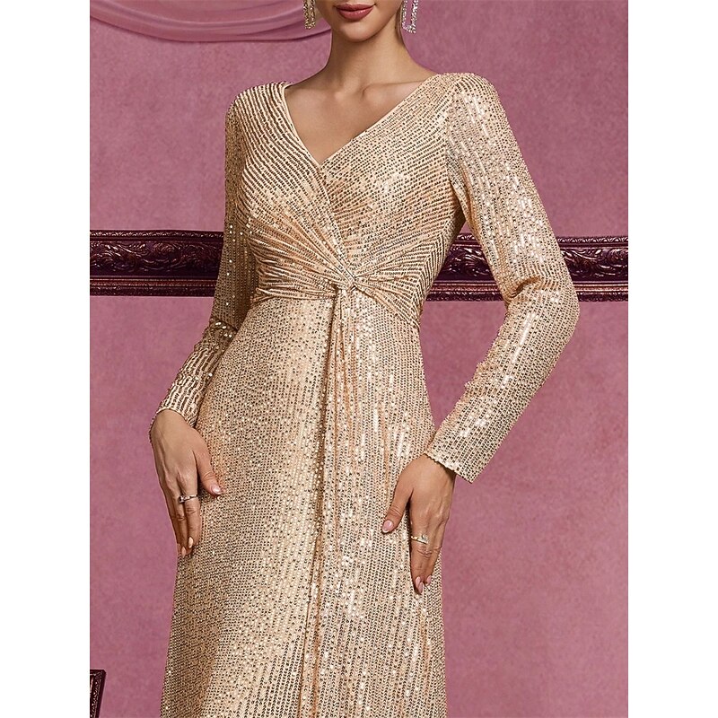 Black Tie A-Line Evening Gown Elegant Dress Formal Wedding Floor Length Long Sleeve V Neck Sequined with Ruched Knots 20252