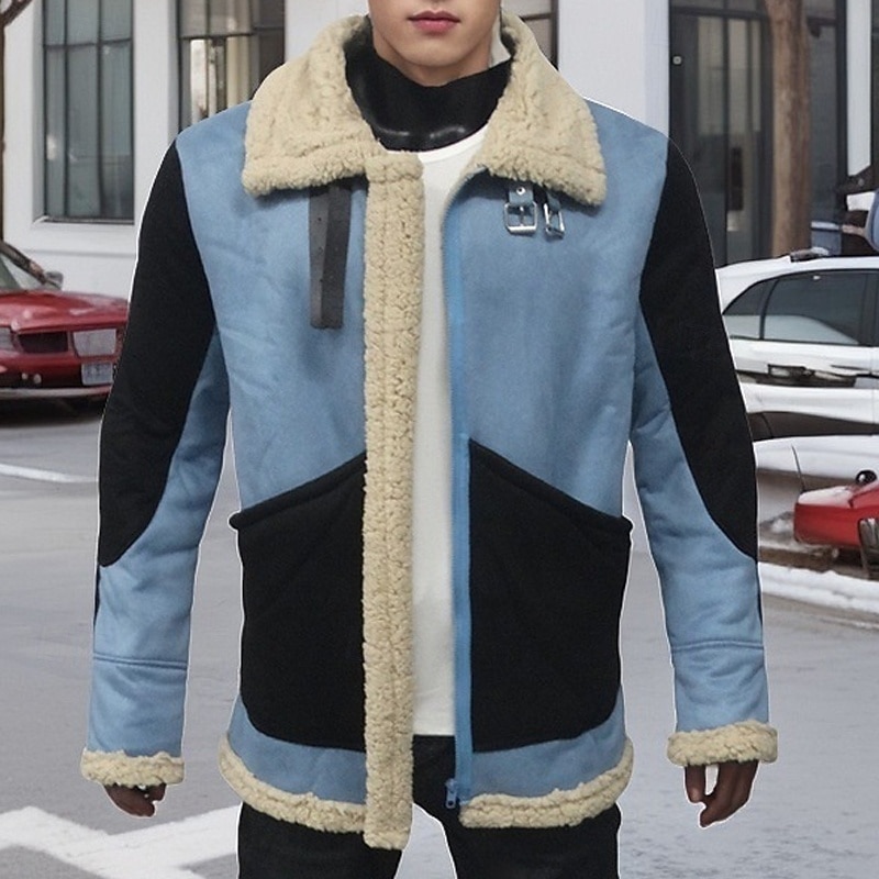 Men's Winter Jacket Sherpa Jacket Vacation Daily Thermal Warm Pocket Fleece Winter Color Block Fashion Streetwear Lapel Regular Blue Gray Jacket3