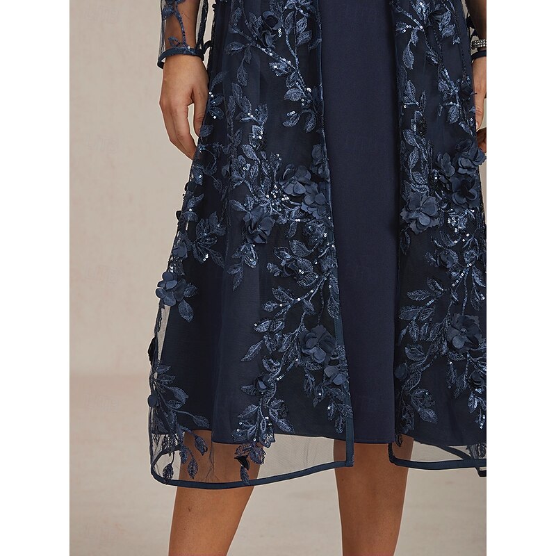 Women's Jacket Coat Blazer Lace Embroidered Sequin Elegant Floral Formal Anniversary Wedding Guest Cocktail Party Open Front Long Crewneck Regular Fit Long Sleeve Outerwear Navy Blue4