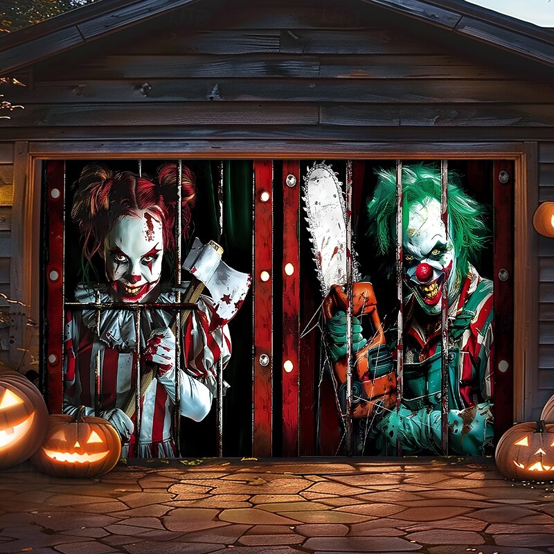 Halloween Garage Door Cover Large Hanging Backdrop Clown Dark Punk Gothic Style Party Outdoor Shooting Backgrounds Front Door Home Decor