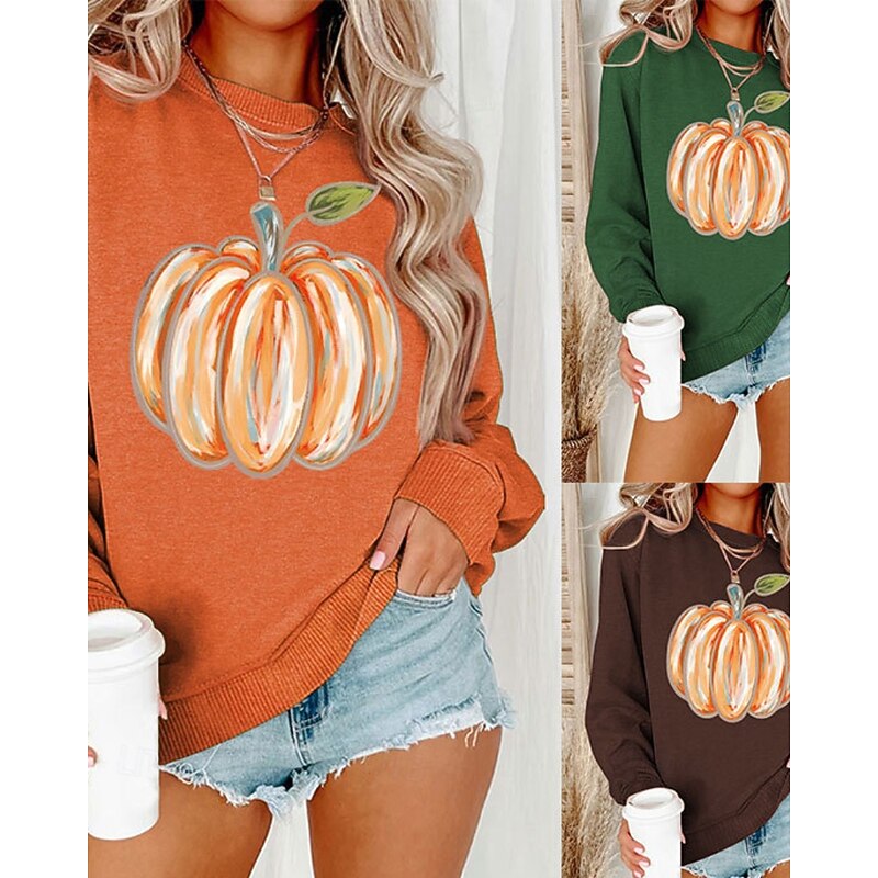 Women's Pullover Sweatshirt Sweatshirts Pumpkin Streetwear Casual Long Sleeve Crew Neck Regular Tops Street Holiday Going out Print Rose Gold Grass Green Black Yellow Light Green Fall