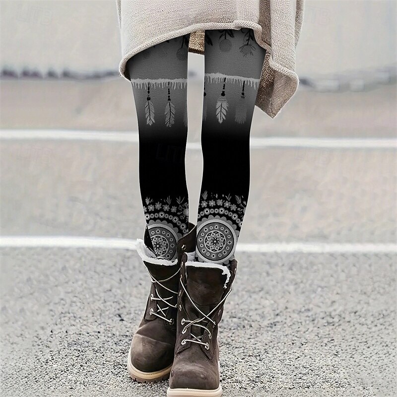 Women's Pants Trousers Leggings Cozy Leggings Casual Boho Full Length High Waist Feather Elastic Waist Print Breathability Comfortable Stretchy Vacation Street Daily Wear Wine Yellow Red Green Summer2