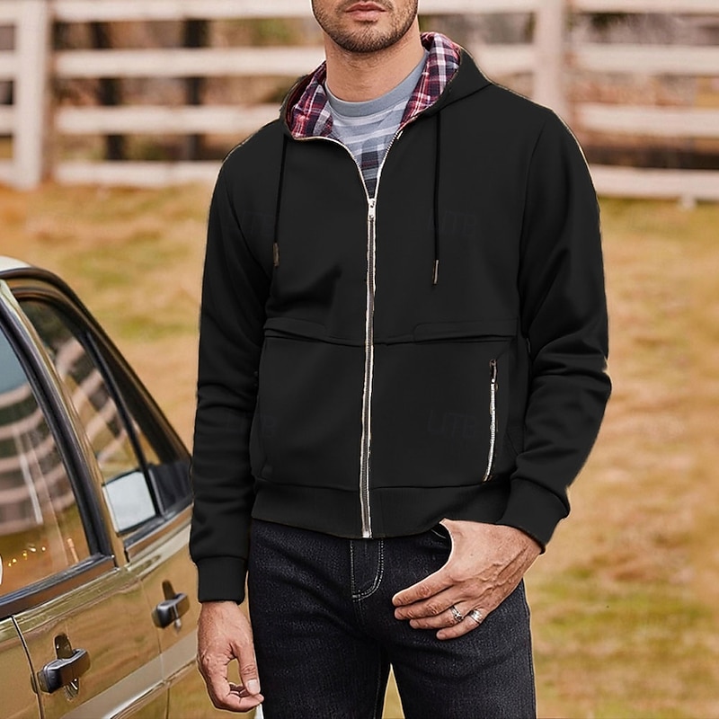 Men's Hoodie Full Zip Hoodie Black Wine Brown Light Grey Hooded Plaid Zip Up Pocket Sports & Outdoor Daily Holiday Polyester Streetwear Basic Casual Spring Fall Clothing Apparel Hoodies Sweatshirts2