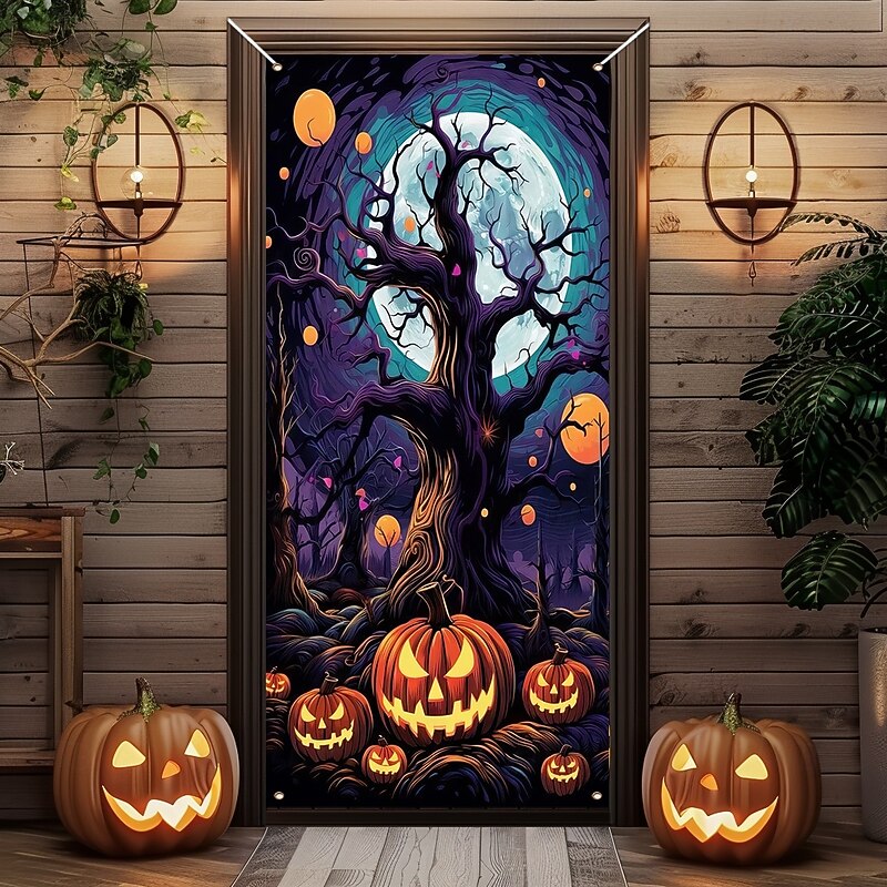 Halloween Door Cover Outdoor Banners Pumpkin Cemetery Psychedelic Dark Punk Gothic Style Party Outdoor Shooting Backgrounds Front Door Wall Porch Home Decor3