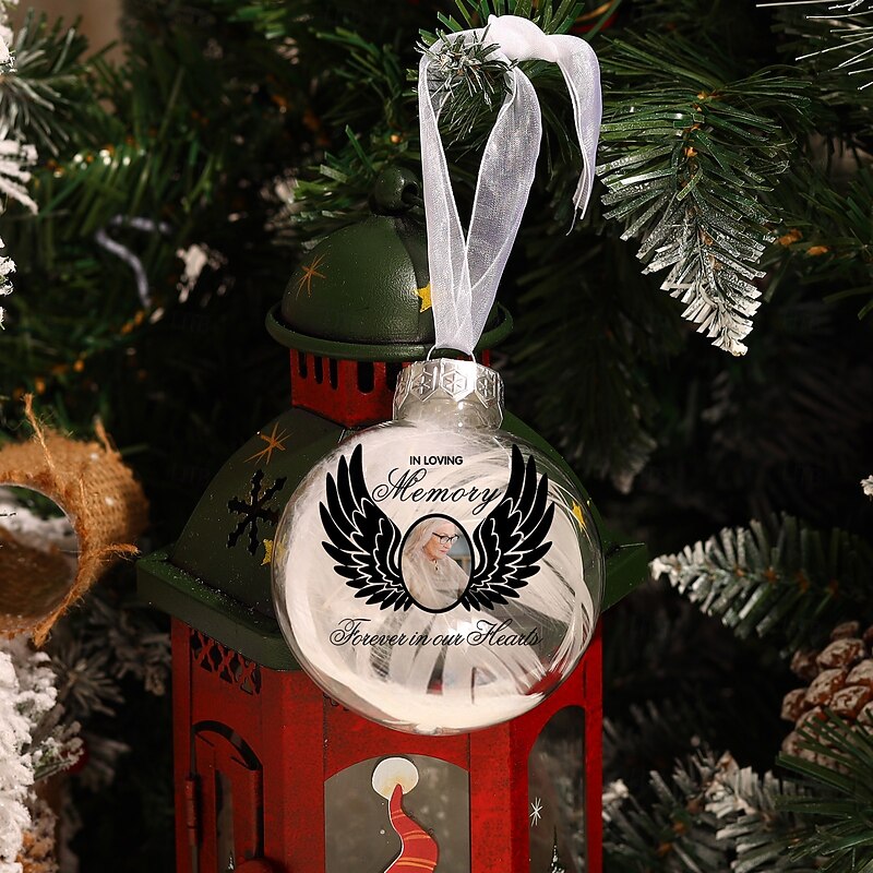 Personalized Photo Christmas Feather Memorial Ornament Custom 3D Ball Ornament Sympathy Gifts For Loss Of Loved Ones Custom Christmas Tree Hanging Keepsake Memorial Holiday Decoration3