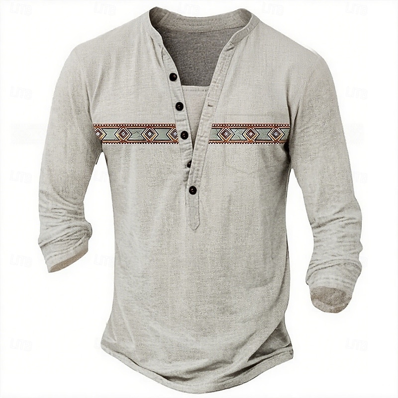 Men's Geometric Ethnic Henley Shirt Tee Long Sleeve Ethnic Casual Summer Spring Dark Grey khaki Light Grey Henley Henley T-Shirt2
