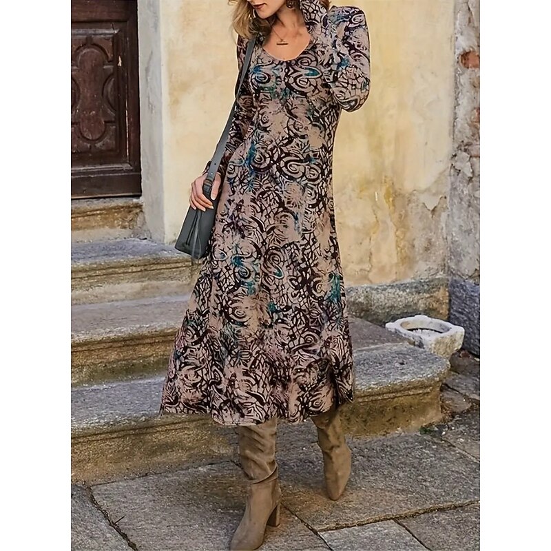 Women's Midi Dress Sheath Dress T Shirt Dress Tee Dress Vacation Casual Boho Holiday Date Regular Fit Graphic Geometric Tribal Long Sleeve Crew Neck Brown Spring Fall Winter2
