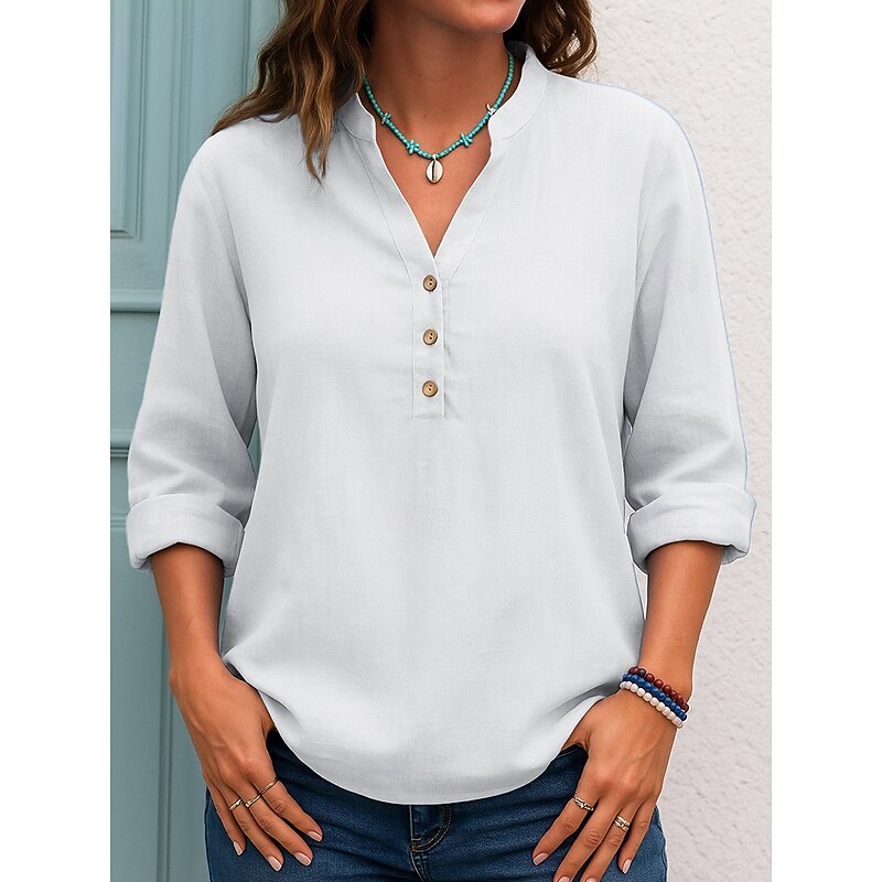 Women's Blouse Solid Color Casual Long Sleeve V Neck Regular Tops Black White Pink Blue Spring Fall