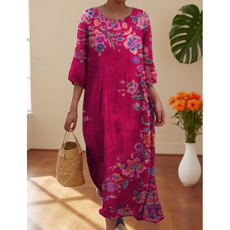 Women's Midi Dress Casual Dress Print Dress Vintage African Daily Beach Weekend Regular Fit Floral 3/4 Length Sleeve Crew Neck Pink Red Fuchsia Green Fall Autumn2