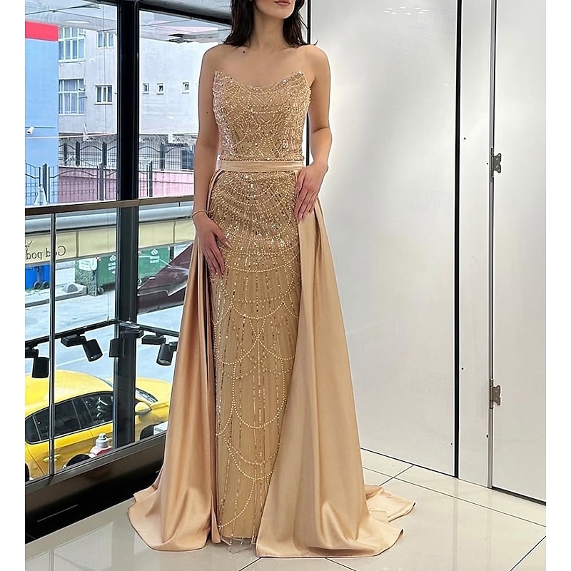 Champagne Sheath / Column Sequined Evening Gown with Detachable Satin Overskirt Elegant Dress Formal Wedding Sweep / Brush Train Sleeveless Pleats Lace Up 2025